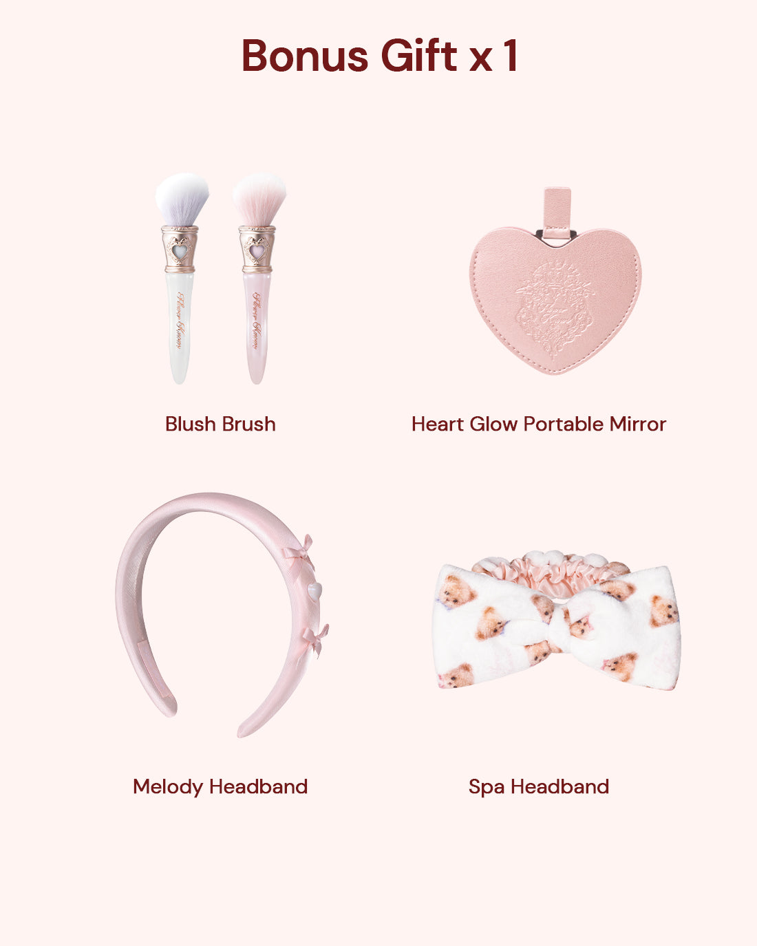 List of bonus gifts including a blush brush, heart glow portable mirror and headband in mystery lucky bag 