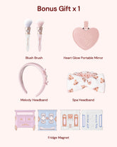 List of bonus gifts including a blush brush, heart glow portable mirror and headband in mystery lucky bag 